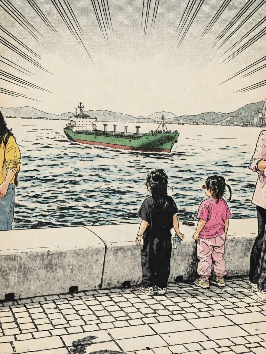 항구에서 배를 바라보는 두 아이의 그림